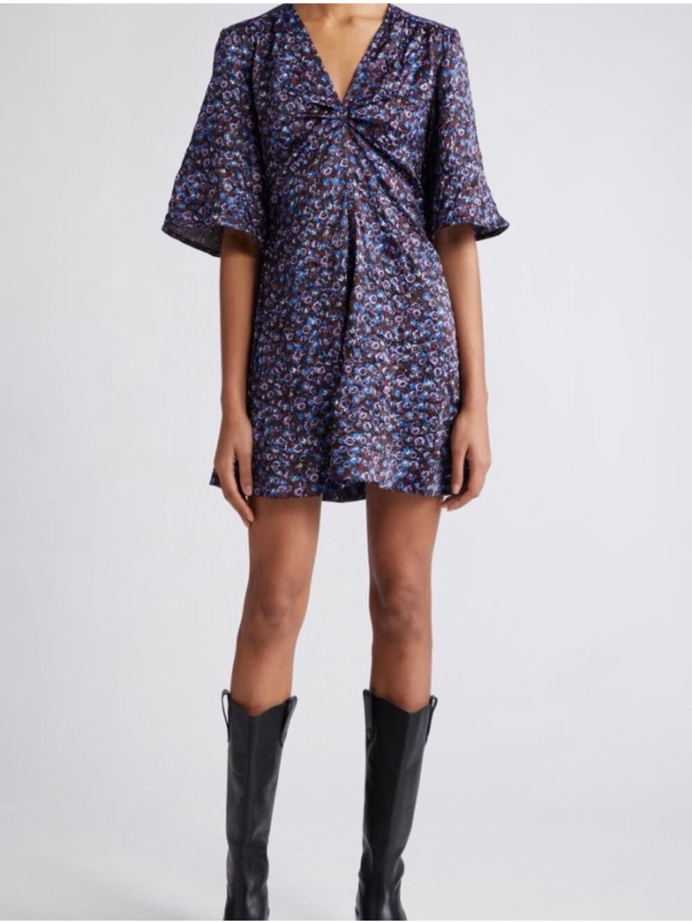 Ganni Blue Purple & Black Floral Print Crinkle Ruched Minidress Size 6 / M / 3